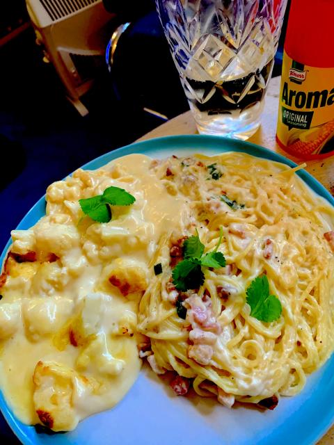 A Spaghetti Carbonara and Cauliflower Cheese.