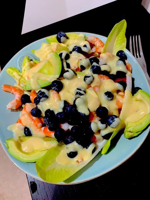 A prawn, blueberry and avocado salad