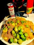 Pork steaks, butter and onion noodles, sprouts