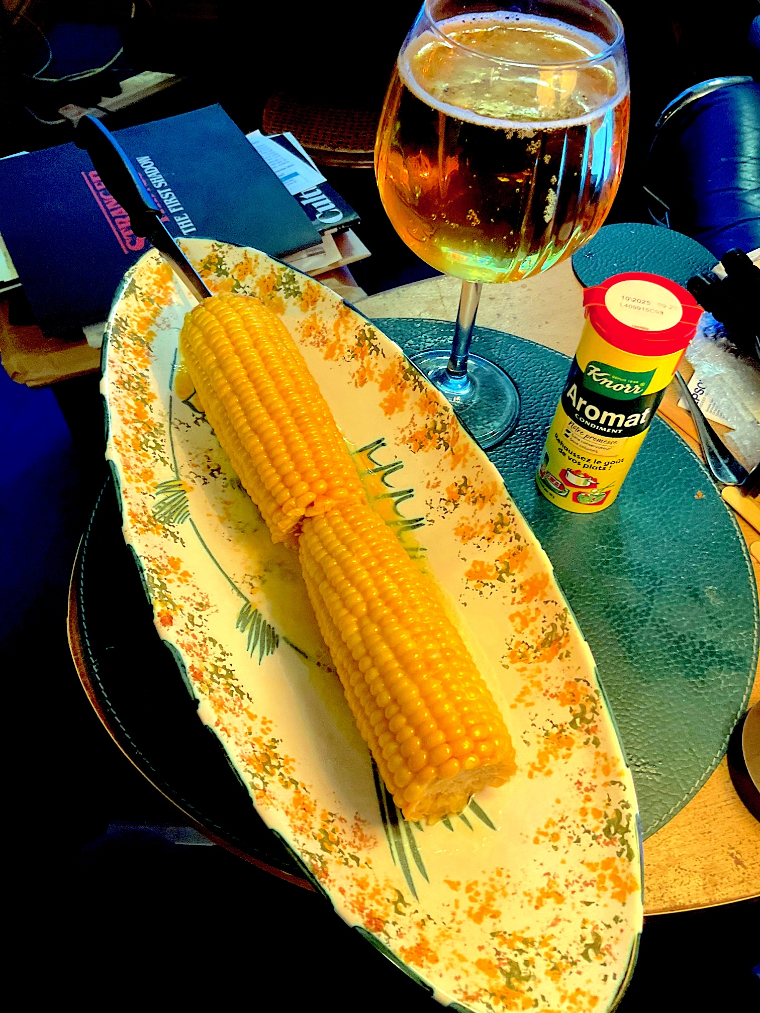 A corn in butter on my Mum's fish dish.