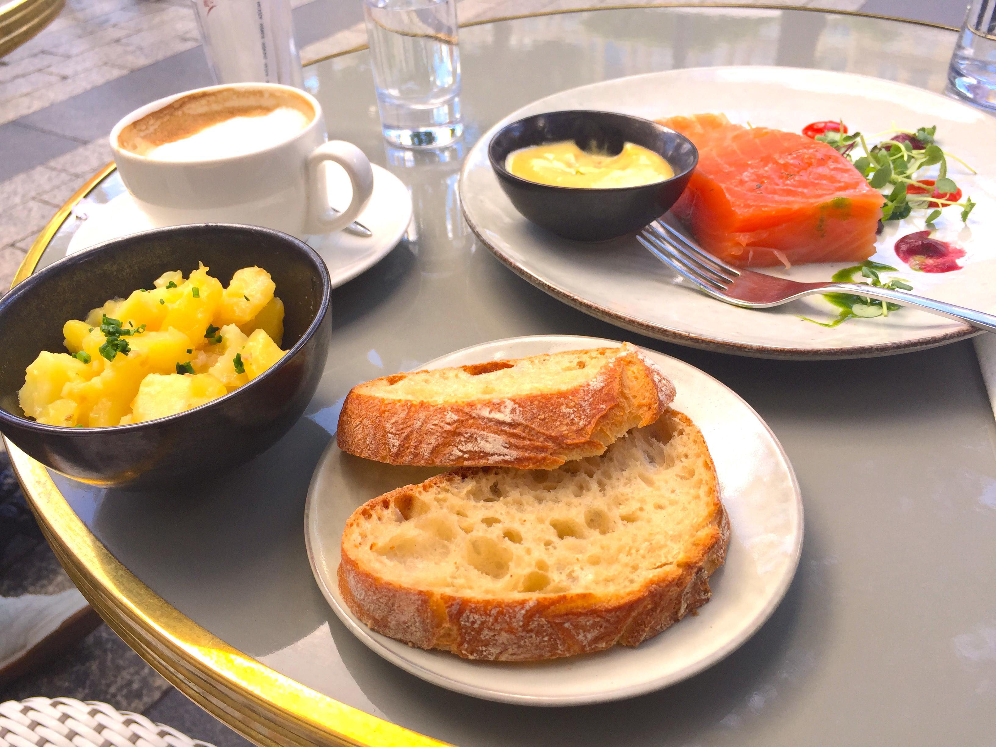 Bread, Potatoes, Coffee, Salmon